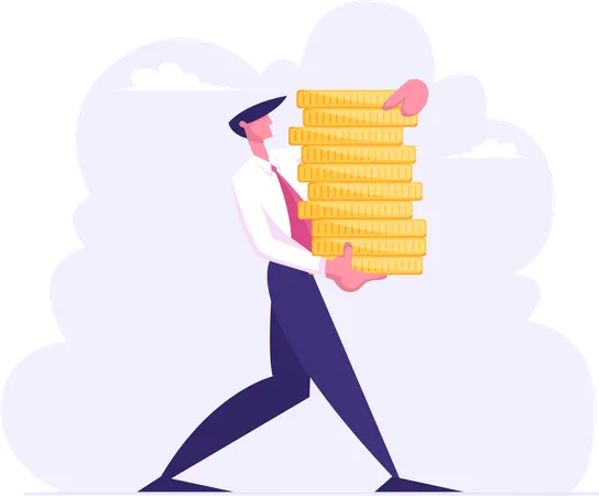Successful Business Man Carry Stack of Gold Coins Illustration