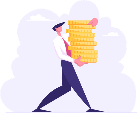 Successful Business Man Carry Stack of Gold Coins  Illustration