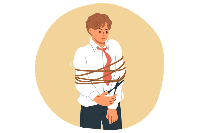 Successful business man freed himself from ropes limit movements and prevent from achieving success  Illustration