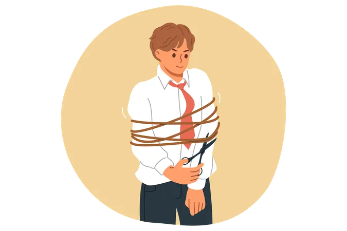 Successful Business Man Freed Himself From Ropes Limit Movements And Prevent From Achieving Success Guy Manager Is Freed From Shackles Hinder Professional Growth And Career Advancement Illustration