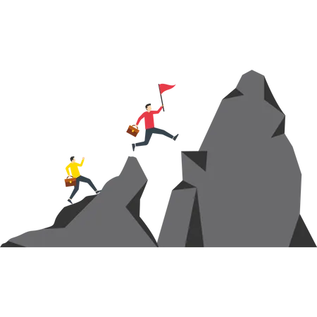 Business Team Members Run To Reach The Top Of The Mountain Successful Business Mission Leadership To Lead The Team To Achieve Goals Motivation And Teamwork To Succeed Challenges To Achieving Targets Illustration