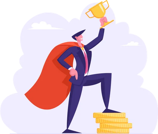 Successful Business Man In Super Hero Cape Hold Golden Cup Stand On Stack Of Gold Coins Character With Money Financial Profit Salary Wealth Rich Businessman Concept Cartoon Flat Vector Illustration Illustration