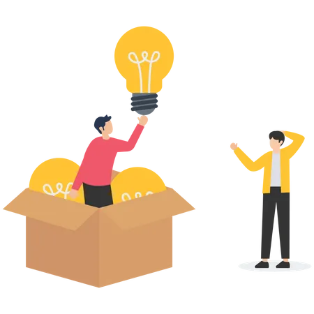 Successful Business Person Holds An Idea Lightbulb Open Cardboard Box Illustration