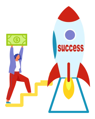 Financial Success And Rocket With Ready To Be Launched Launching New Startup Creating Project Man Standing Near Spaceship Rocket As Symbol Of Startup Creative Idea Business Project Concept Illustration