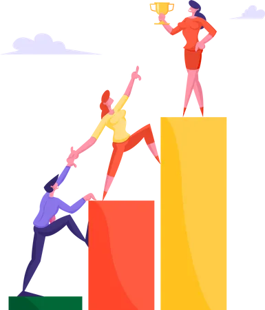 Businessman And Businesswoman Climbing Up Rising Financial Chart Trying Reach Out Woman Leader Stand On Top Holding Gold Goblet Business Challenge Development Concept Cartoon Flat Vector Illustration Illustration