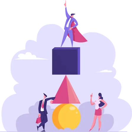 Successful Dream Team Concept Businessman In Superhero Red Cloak Stand On Top Of Pyramid Made Of Geometric Figures Business Competition Leader Teamwork Challenge Cartoon Flat Vector Illustration Illustration