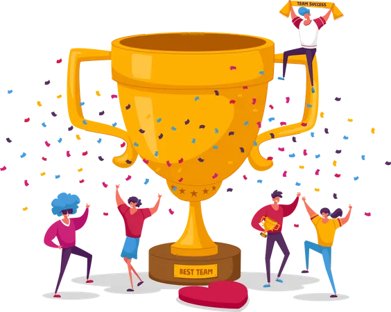 Business Team Project Success Group Of People Characters Stand At Huge Golden Goblet Celebrate Victory Winners Prize And Award Teamworking And Company Growth Concept Linear Vector Illustration Illustration