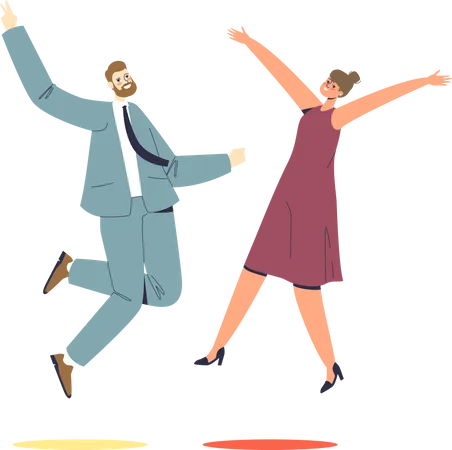 Businessman And Businesswoman Jumping With Happiness Celebrating Victory Or Business Success Happy Colleagues Winners Cheerful Man And Woman Jump Cartoon Flat Vector Illustration Illustration