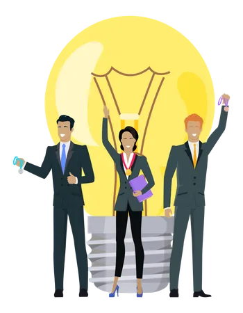 Happy Business Team Celebrating Success Victory In Business Competition Successful Strategy Teamwork With Creation Of Idea Planning New Project Business Winners On Light Bulb Background Illustration