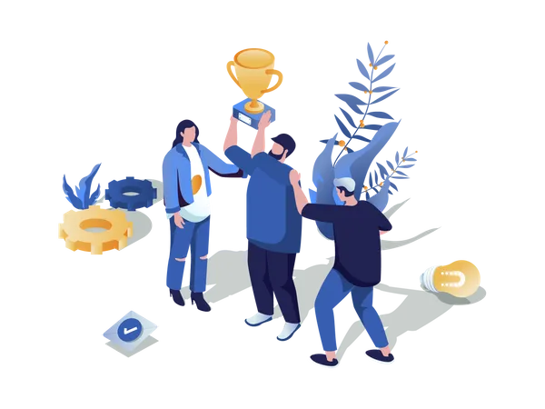Support In Team Concept 3 D Isometric Web Scene People Working Together And Achieving Career Goals Winning Trophy Cup Partnership And Leadership Vector Illustration In Isometry Graphic Design Illustration