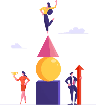 Successful Business Team Celebrate Victory Posing With Huge Red Arrow And Golden Goblet Businesswoman On Top Of Pyramid Demonstrate Muscles Goal Achievement Success Cartoon Flat Vector Illustration Illustration
