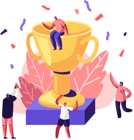 Cheerful People Celebrating Win Laughing With Hands Up Around Of Huge Gold Cup With Man Sitting On Top Joyful Colleagues Employees Rejoice For New Project Success Cartoon Flat Vector Illustration Illustration
