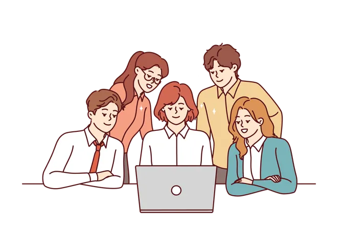Successful business team looks at laptop  Illustration