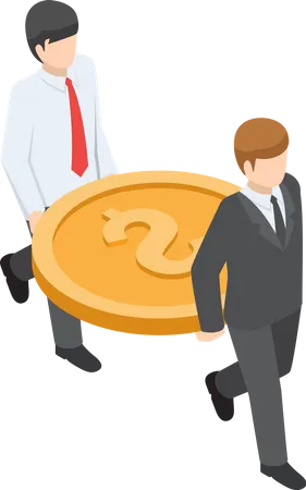 Flat 3 D Isometric Two Businessman Carrying Big Dollar Coin Teamwork And Financial Concept Illustration