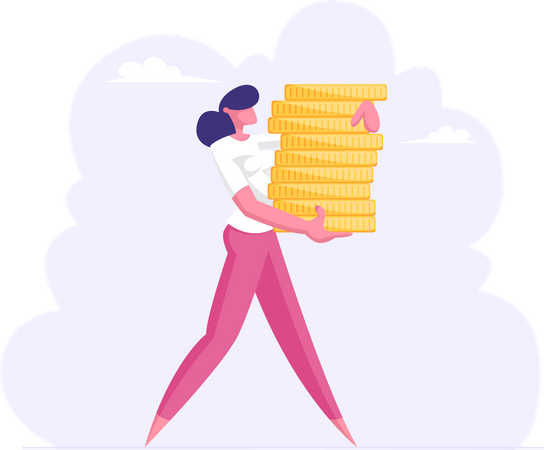 Successful Business Woman Carry Stack of Gold Coins  Illustration