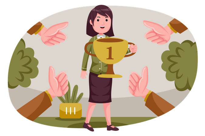 Successful business woman holding trophy Illustration