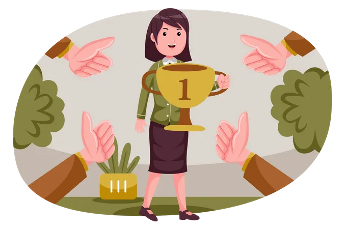 Successful business woman holding trophy  Illustration