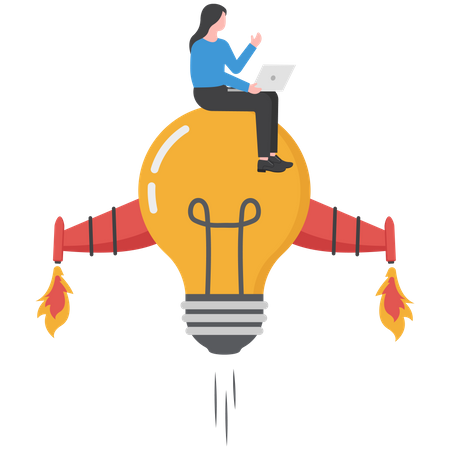 Successful business woman sits on flying rocket light bulb  Illustration