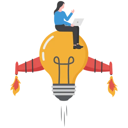 Successful business woman sits on flying rocket light bulb  일러스트레이션