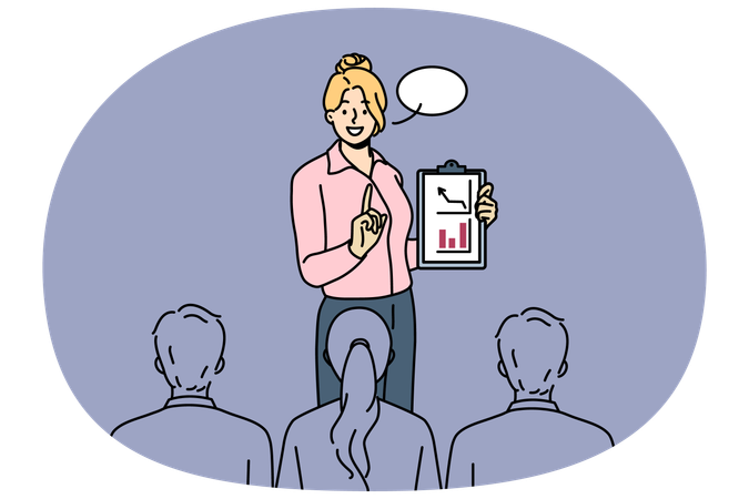 Successful business woman speaks at presentation showing clipboard with growing financial graphs  Illustration