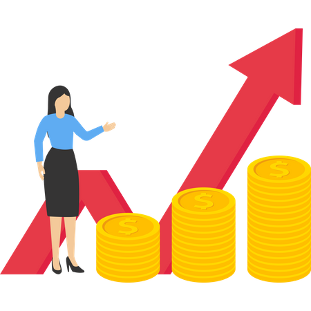 Successful business woman standing near her pile of money  Illustration