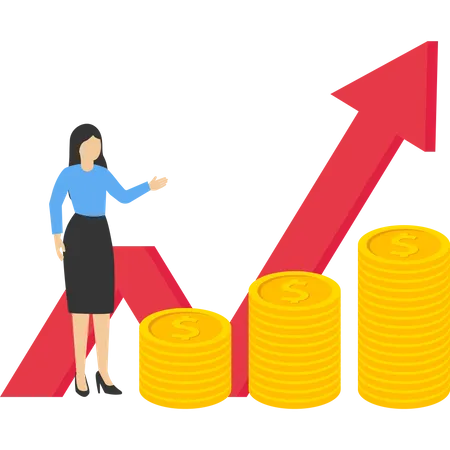 Successful business woman standing near her pile of money  Illustration