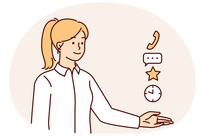 Successful business woman stretching hand forward looking at symbols of calls or messages  Illustration