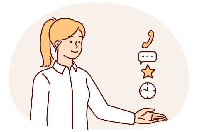 Successful business woman stretching hand forward looking at symbols of calls or messages  Illustration