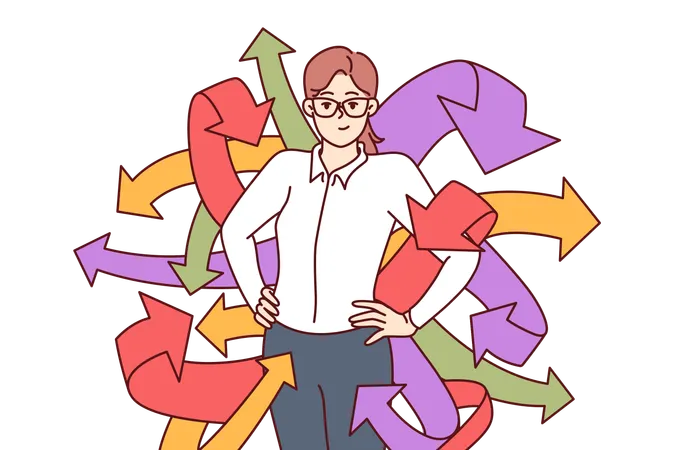Successful Business Woman With Arrows Symbolizing Many Social Connections Or Ability To Multitask Successful Girl Manager In Formal Wear Showing Confidence Due To Having Diversified Skills Illustration