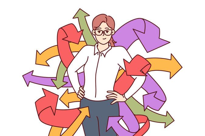 Successful business woman with arrows symbolizing many social connections or ability to multitask  Illustration