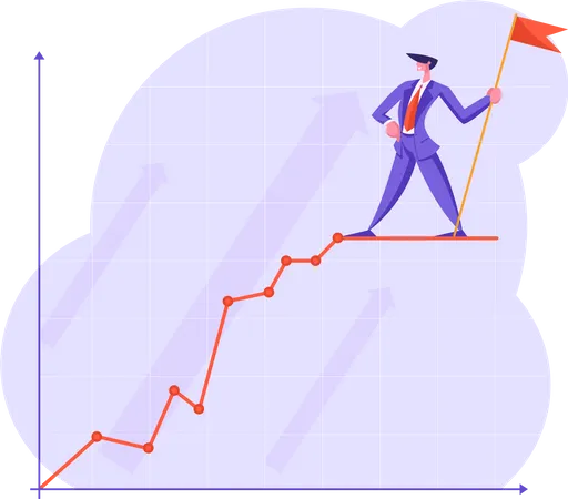 Businessman With Red Flag Stand On Top Of Growing Business Chart Curve Line On Coordinate System Growth Data Analysis Arrow Graph Financial Profit Statistic Diagram Cartoon Flat Vector Illustration Illustration