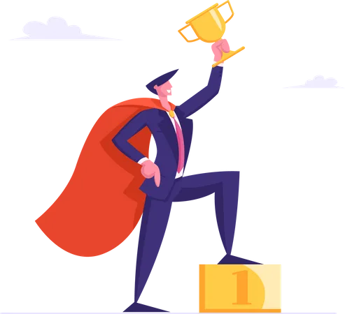 Successful Business Man In Super Hero Cape Hold Gold Goblet Stand On Golden Podium With Number One Goal Achievement Financial Profit Wealth Rich Businessman Concept Cartoon Flat Vector Illustration Illustration