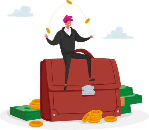 Invest Portfolio Stock Market Trading Concept Tiny Investor Male Character Sitting At Huge Briefcase Juggling With Coins Professional Economic Management Strategy Cartoon Vector Illustration Illustration