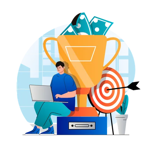 Business Award Concept In Modern Flat Design Businessman Working On Laptop Near Gold Cup Won First Place In Competition Triumph Profit Growth Achievement Of Goals Targeting Vector Illustration Illustration