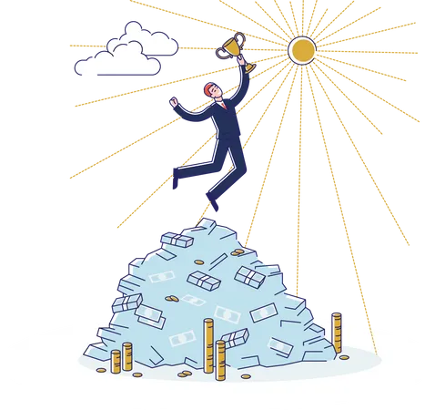 Successful Business Man Winner Hold Golden Cup Standing On Money Heap Businessman Leader Happy To Achieve Goal And Award Finance Success Victory And Achievement Concept Linear Vector Illustration Illustration