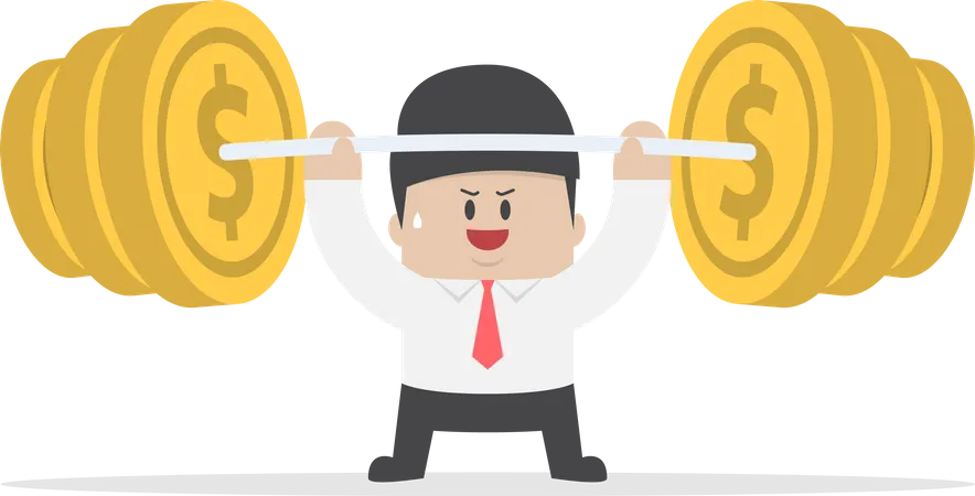 Businessman Lifting Up Barbell With Coin Weight Financial Strength Concept VECTOR EPS 10 Illustration