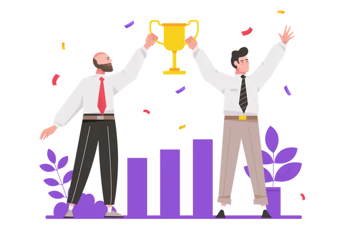 Business Success Concept In Flat Design Businessmen Win Get Gold Cup And Achieve Success In Competition Improve And Develop Company Vector Illustration With Isolated People Scene For Web Banner Illustration
