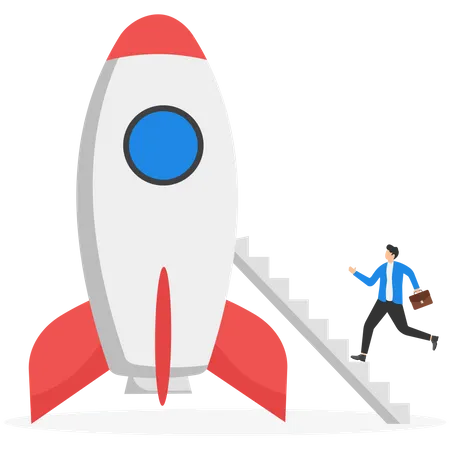 Successful Businessman Climbing A Stair On A Rocket Business Startup Concept Illustration Illustration