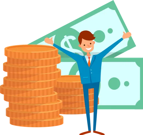 Dollars And Coins Smiling Worker With Rising Hands Employee With Income Symbol Or Salary Earning Money Payment Or Invest Icon Finance Element Vector Illustration