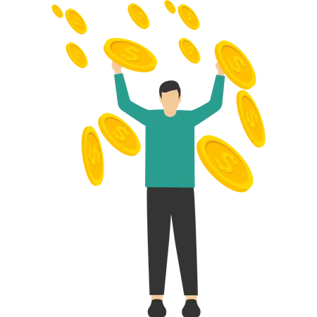 Successful Businessmen Achieve Financial Freedom Income Or Salary Increase Or Career Opportunity A Happy Millionaire With Lots Of Money And Wealth Happy Businessman Jumping High With Money Rain Illustration