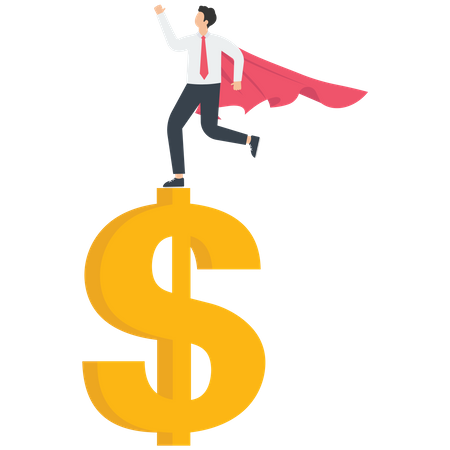 Successful businessman and business, businessman in cape standing on huge dollar sign  Illustration