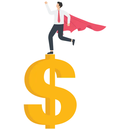 Successful businessman and business, businessman in cape standing on huge dollar sign  Illustration