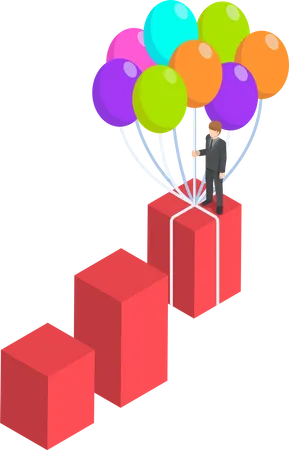 Flat 3 D Isometric Businessman Grow Up Graph By Balloon Business Growth Concept Illustration
