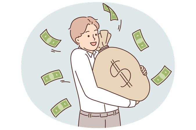 Successful businessman carrying big bag of cash earned from investment or sale of company  Illustration