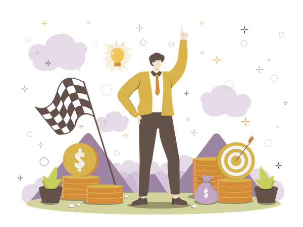 Successful businessman celebrating achievement with financial symbols  Illustration