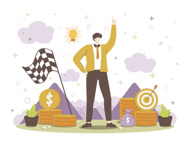 Successful businessman celebrating achievement with financial symbols  Illustration