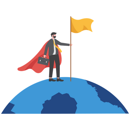 Successful businessman climb up ladder holding winning flag on globe  Illustration