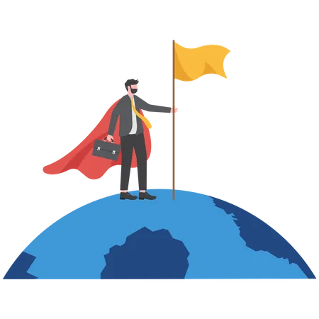 Successful businessman climb up ladder holding winning flag on globe  Illustration