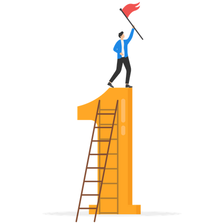 Successful businessman climb up to the top and holding winning flag  イラスト