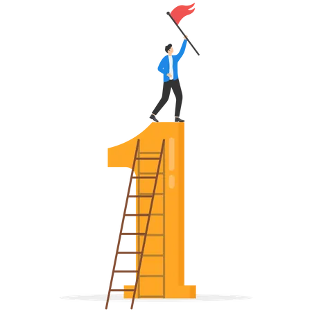 Success Businessman Climb Up Ladder Of 1 Success To The Top And Holding Winning Flag Mission Accomplished Big Achievement Illustration